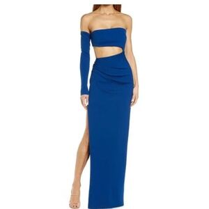 Katie May Blue Cut Out Strapless One Sleeve Side Slit Maxi Dress Gown Size M